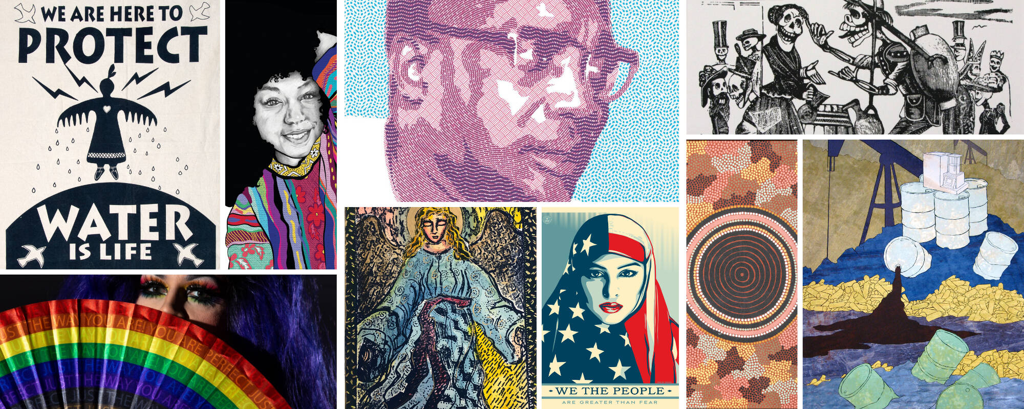 Image includes nine different images of works of art from the GVSU Art Museum collection that represent all different themes.